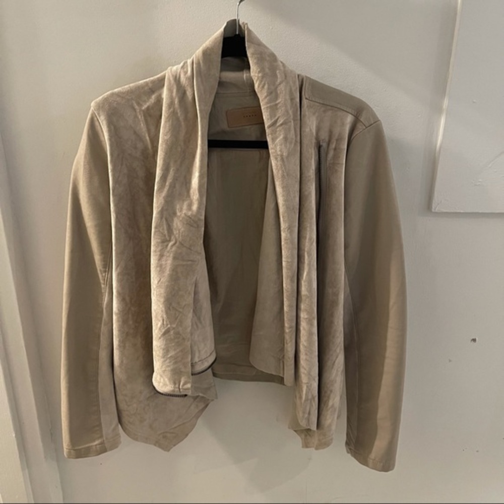 BLANKNYC FAUX SUEDE CARDIGAN W LEATHER SLEEVE
